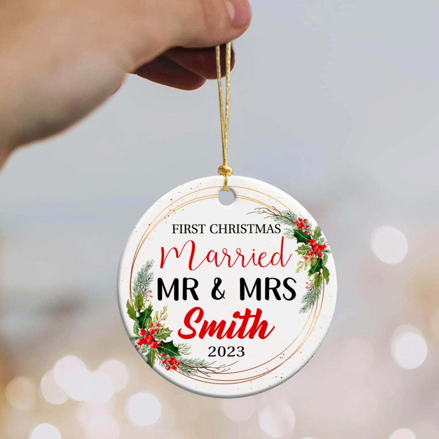 Adorno personalizado de cerámica para casados para la primera Navidad 2023, adorno de cerámica de Navidad personalizado para parejas recién casadas,