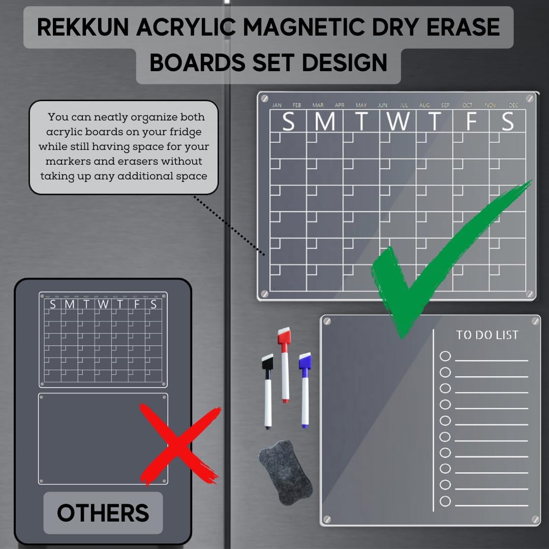 REKKUN – Pizarras magnéticas acrílicas de borrado en seco. Juego de 2 piezas de calendario mensual acrílico de 16 x 12 pulgadas y lista de tareas
