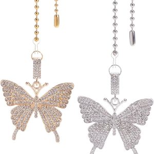 BENECREAT 2 extensores de cadena de ventilador de techo de mariposa con diamantes de imitación de aleación con cadena de bola de acero inoxidable BENECREAT 2 extensores de cadena de ventilador de techo de mariposa con diamantes de imitación de aleación con cadena de bola de acero inoxidable