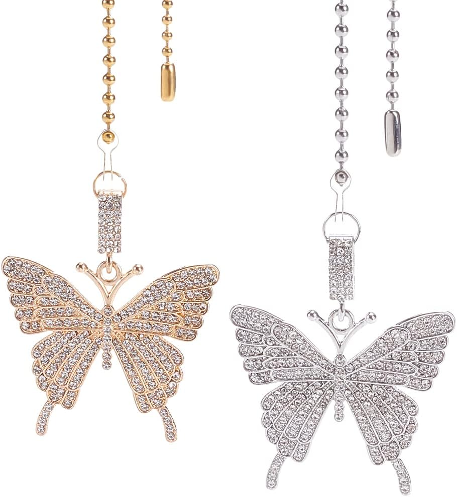 BENECREAT 2 extensores de cadena de ventilador de techo de mariposa con diamantes de imitación de aleación con cadena de bola de acero inoxidable