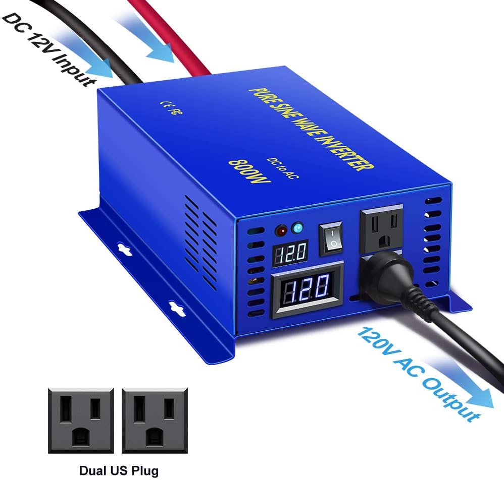 Inversor de onda sinusoidal pura de 800 W, 12 V a 110 V, 120 V, inversor de energía solar, CC a CA, enchufe dual de EE. UU. para electrodomésticos