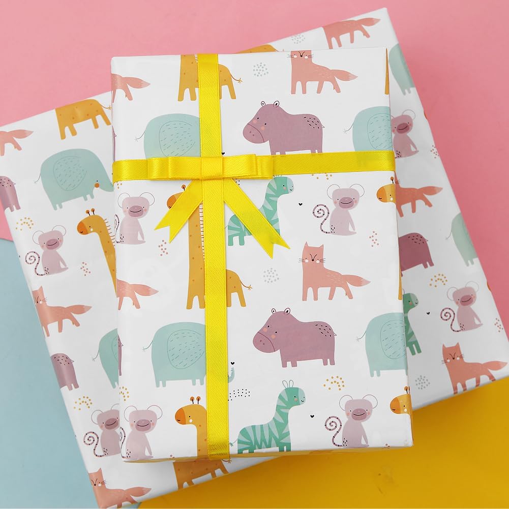 Papel de regalo de cumpleaños para niños, niñas, niños, diseño de animales de dibujos animados, papel de regalo para cumpleaños, baby shower, 4