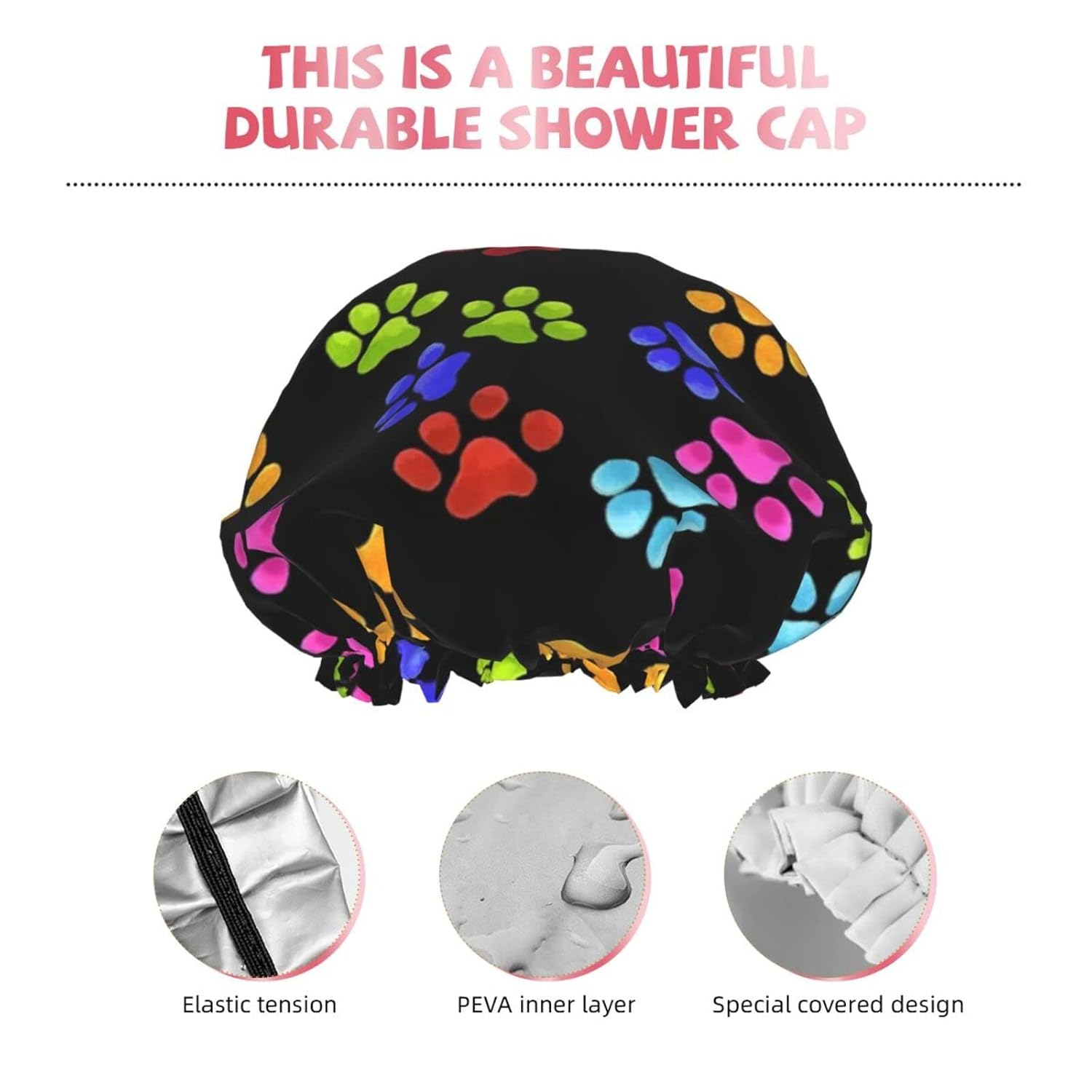 Gorro de ducha reutilizable con estampado de patas de perro para mujer, pelo largo, doble capa impermeable, gorro de ducha para niños, niñas y