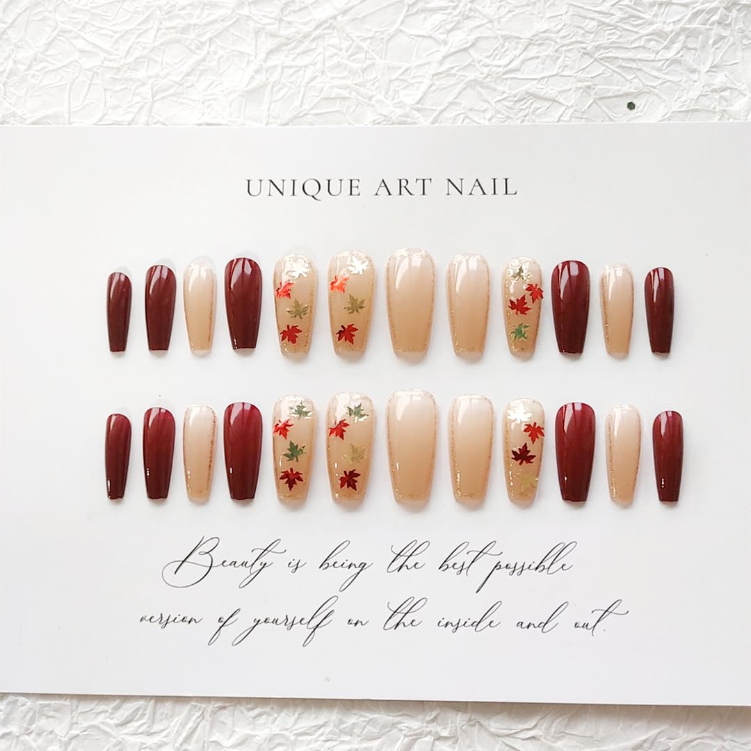 Uñas postizas a presión de otoño medianas con hojas de arce, uñas postizas cuadradas de ballet de cobertura completa, uñas acrílicas de otoño de