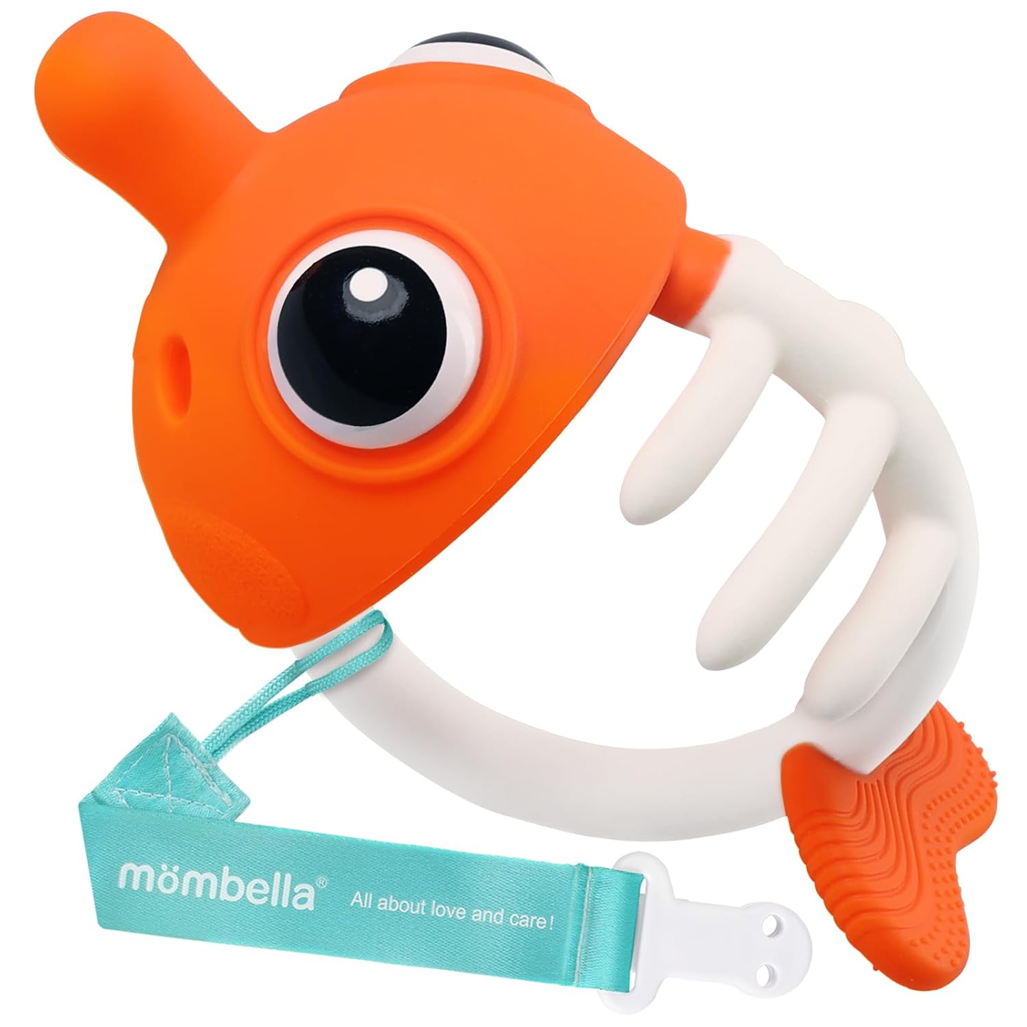 Mombella Clownfish – Juguetes mordedores para bebés, juguetes de dentición para bebés de 0, 3, 6, 12 meses con clip, mordedores de silicona suave y