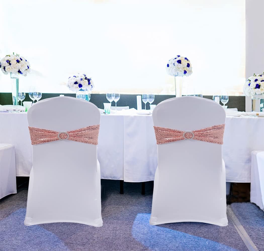 Paquete de 100 bandas de lentejuelas para sillas de color oro rosa, lazos para sillas plegables de fiesta de boda, banda de oro rosa con hebillas