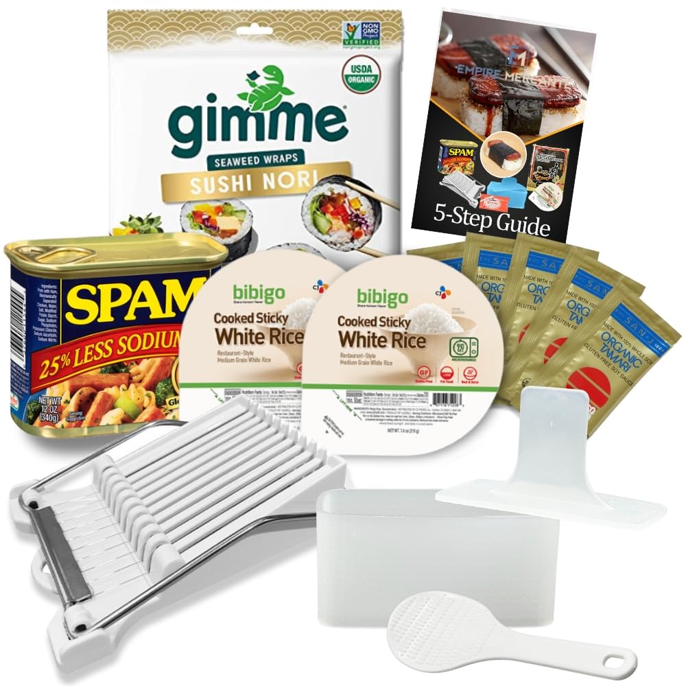 Kit de moldes Musubi (paquete de 7) con prensa Musubi, paleta de arroz, cortador de spam, spam bajo en sodio, arroz, envoltura de algas marinas y