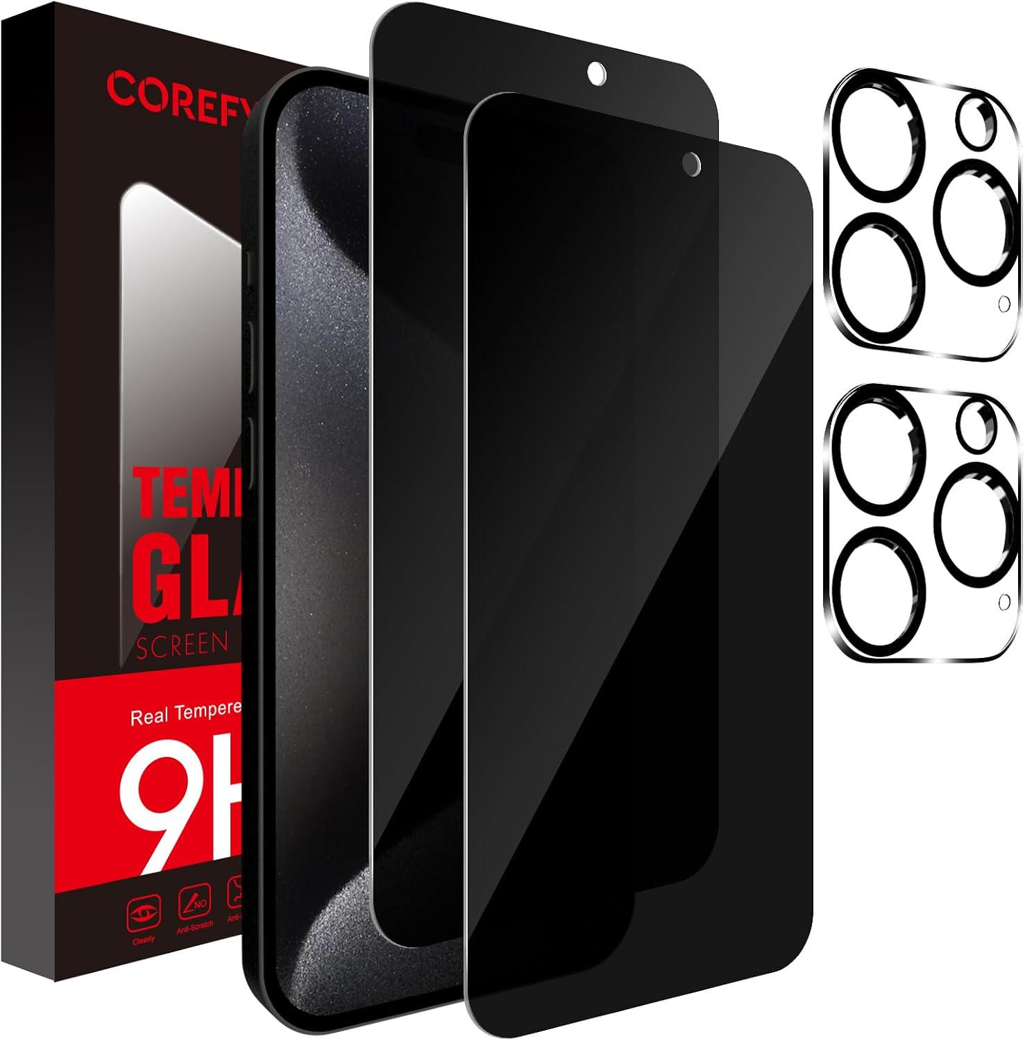 Corefyco Paquete de 2+2 para iPhone 15 Pro Max Protector de pantalla de privacidad y protector de lente de cámara, vidrio templado privado antiespía