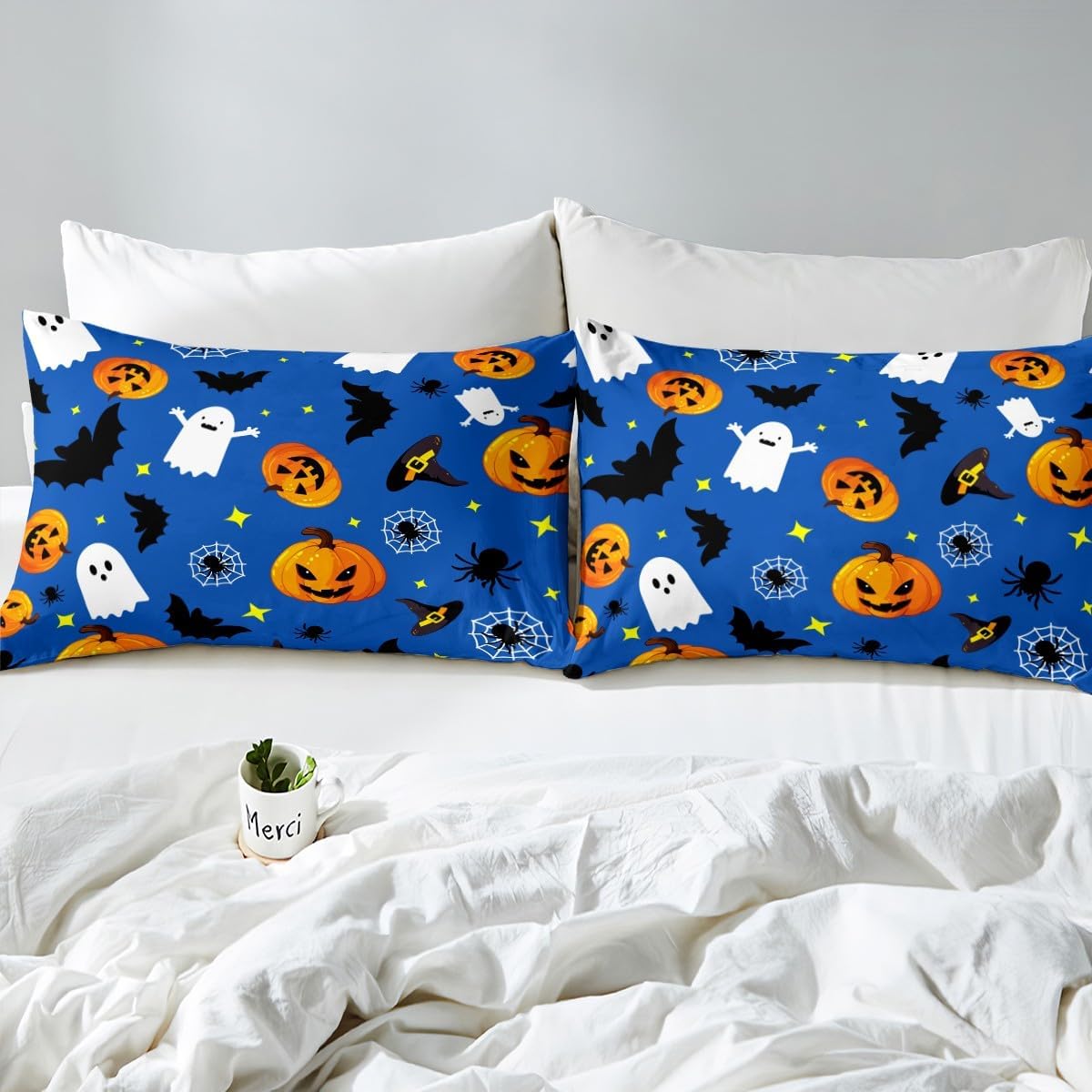 Manfei Juego de funda de edredón con diseño de calabaza, tamaño individual, funda de edredón con 1 funda de almohada, juego de ropa de cama de 2