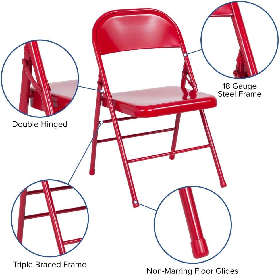 Flash Furniture Serie Hércules Silla plegable de metal de triple soporte y doble bisagra -rojo – paquete de 2