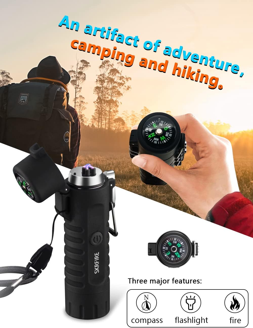 SKRFIRE Encendedor eléctrico recargable USB de plasma de doble arco, impermeable, fresco, portátil, con brújula, linterna a prueba de viento,