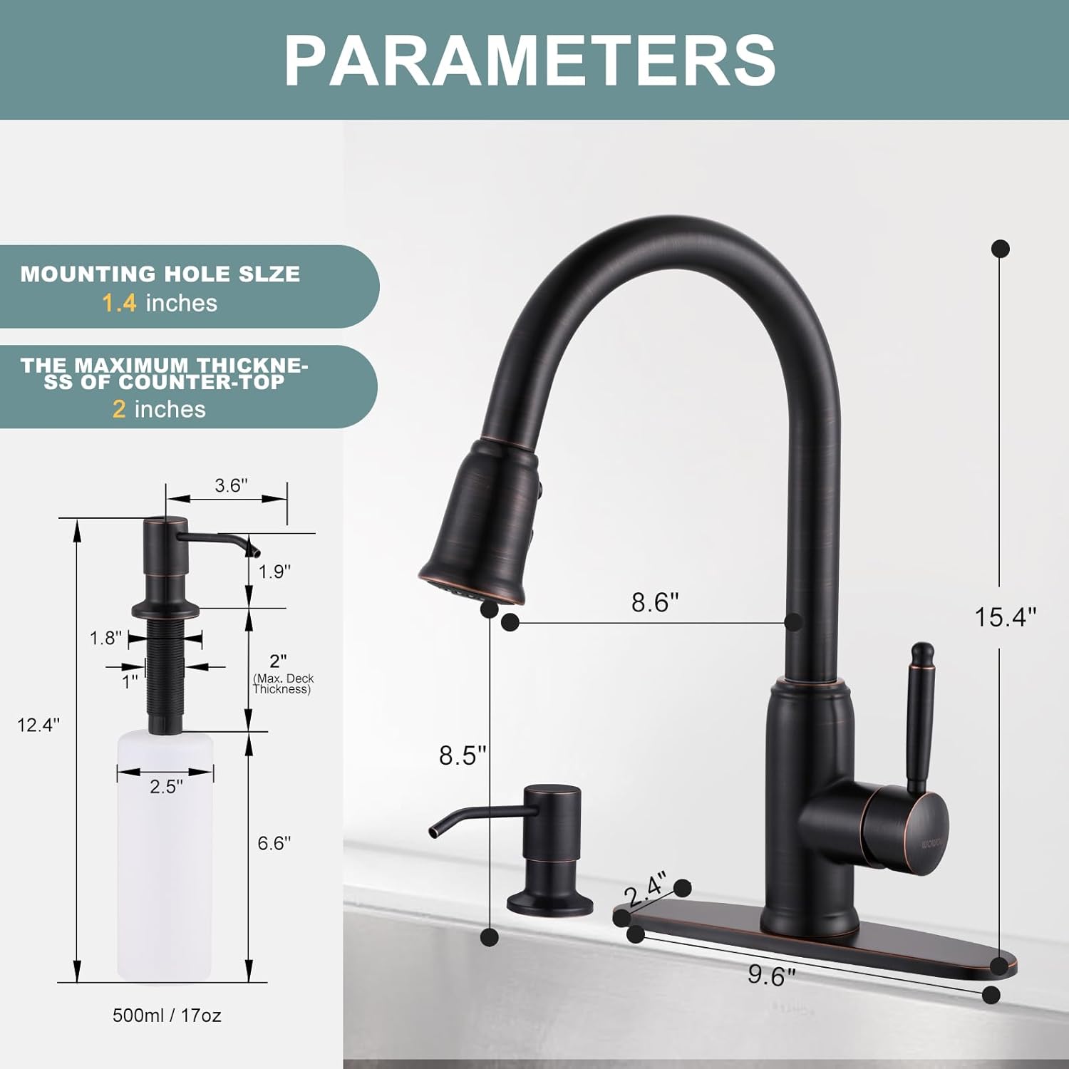 WOWOW – Grifo de cocina de bronce con dispensador de jabón, grifo de cocina de acero inoxidable para fregadero de 2 o 4 agujeros, grifo de fregadero