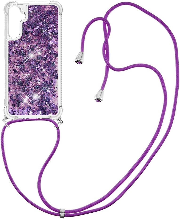 Asuwish Funda de teléfono para Samsung Galaxy A34 5G con protector de pantalla y correa cruzada, purpurina líquida brillante, transparente, delgada,