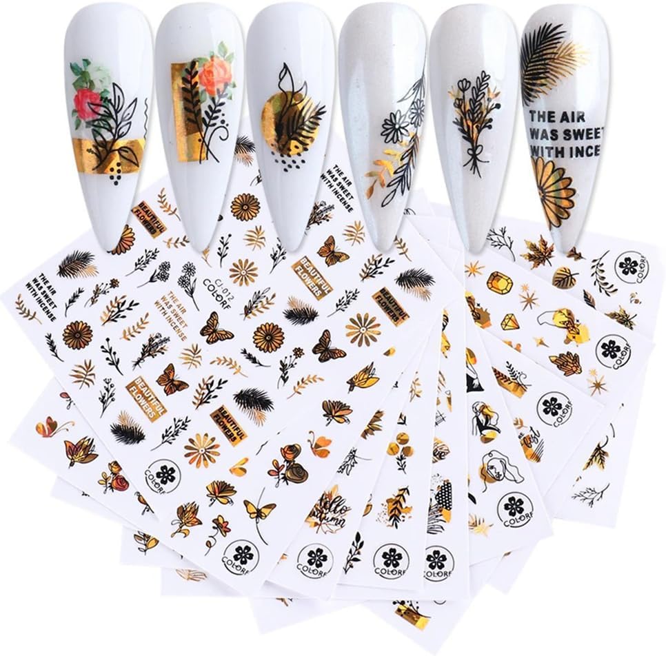 9 hojas de calcomanías de otoño 3D autoadhesivas para uñas, Acción de Gracias, Halloween, suministros de uñas, hoja de arce dorada, girasol,