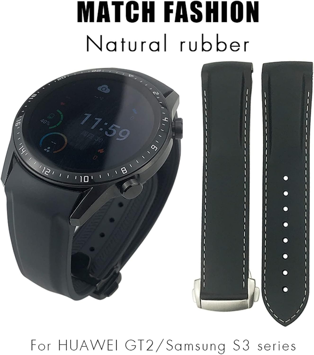 Correa de reloj de goma de 0.866in y 0.787in, correa de silicona de extremo curvado para Huawei GT2 PRO Watch Classic Black Bracelet