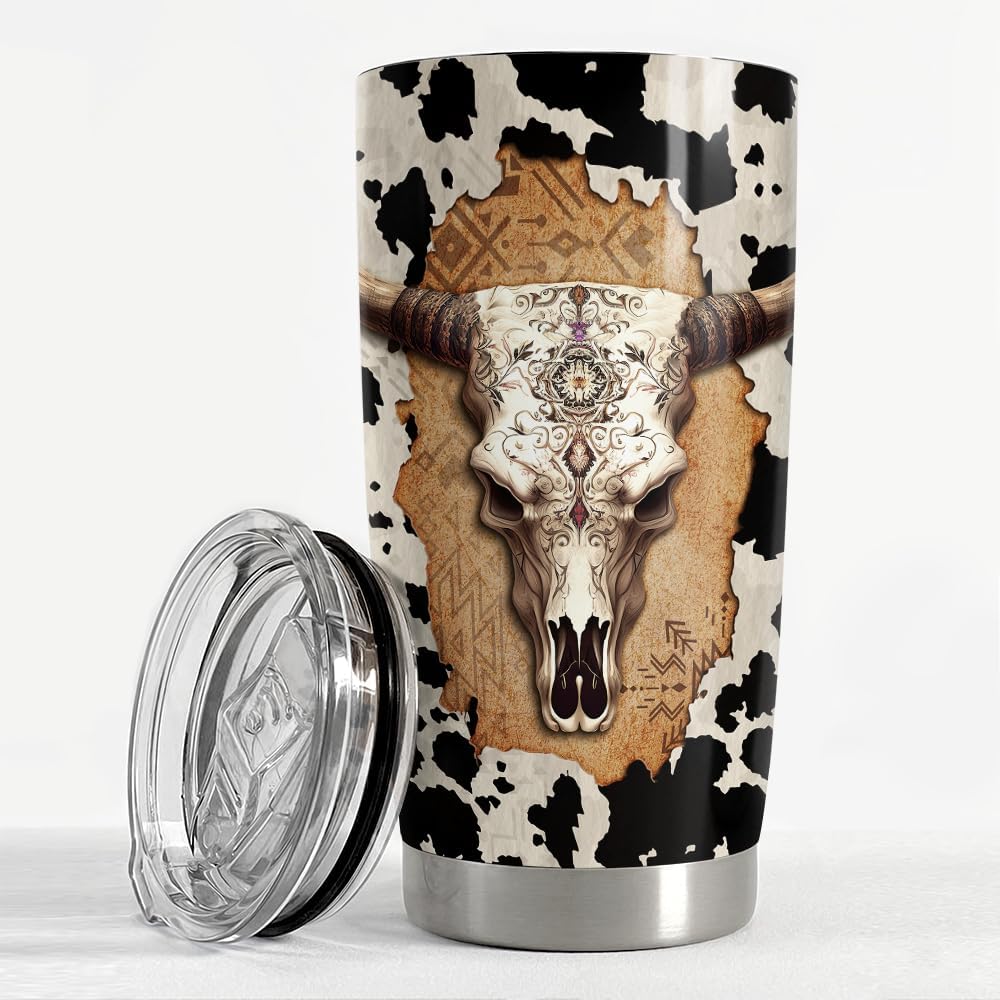 SANDJEST Vaso térmico de acero inoxidable de 20 onzas con diseño de calavera de vaca, taza de viaje para café, regalos para hombres y mujeres,