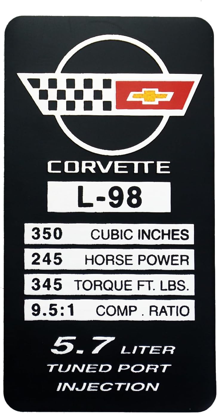 1 placa de identificación de motor C4 Corvette 1990 L98 con placa de datos de metal, placa de identificación 3D, 250 CV, 345 TQ de repuesto para