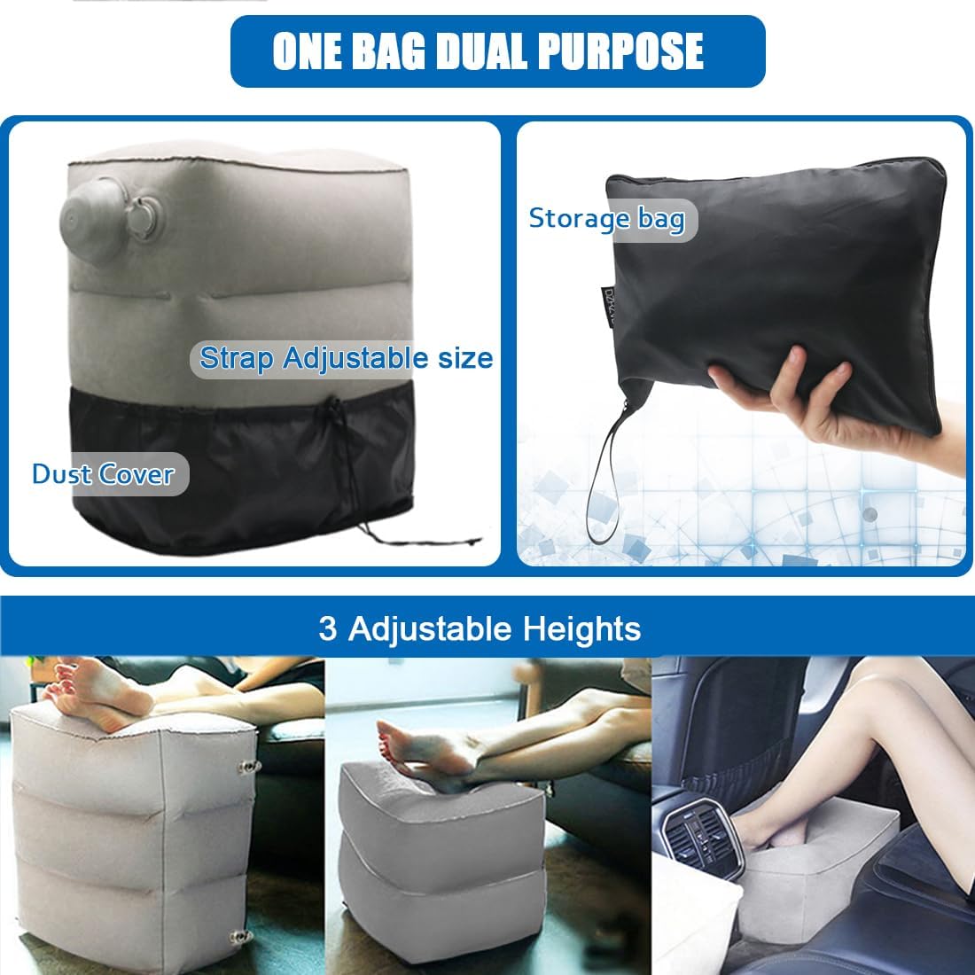 Paquete de 2 reposapiés inflables para viajes aéreos, reposapiés de viaje en avión, altura ajustable, cocheavión, almohada reposapiés con bomba para