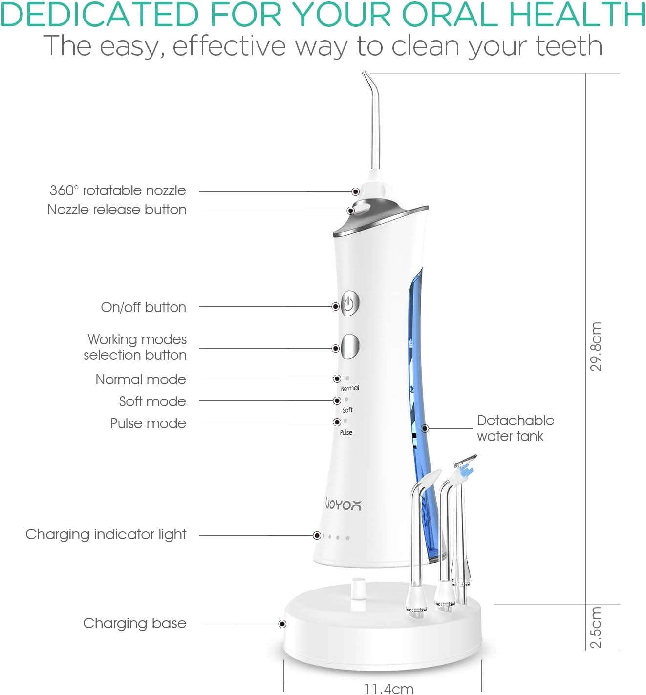 VOYOR – Irrigador dental de agua para dientes, irrigador oral portátil y recargable con 4 puntas de hilo dental y púas de limpiador de dientes