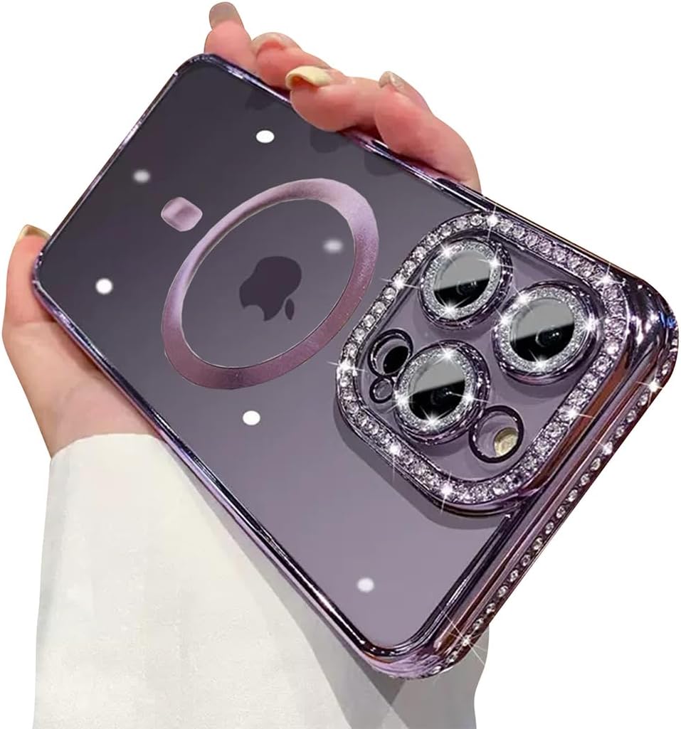 Fycyko Funda magnética para iPhone 13 Pro, protección completa de lente de cámara compatibilidad con MagSafe diamantes de imitación transparentes a