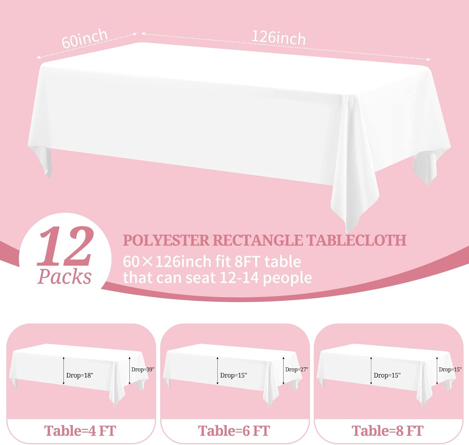 Pesonlook Paquete de 12 manteles rectangulares de poliéster de 60 x 126 pulgadas, para mesas rectangulares de 8 pies, tela lavable para bodas, bufé,