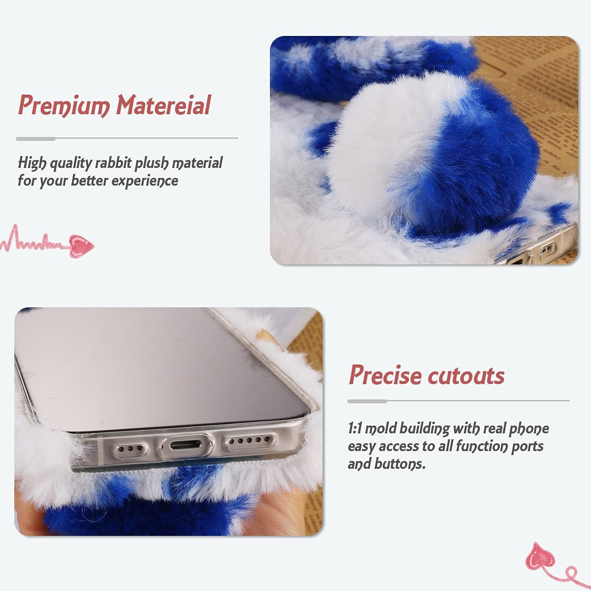 Mikikit Funda de felpa de piel esponjosa azul para A32 5G, lindo conejito manchado peludo femenino funda protectora mullida pelo de conejo, juguete