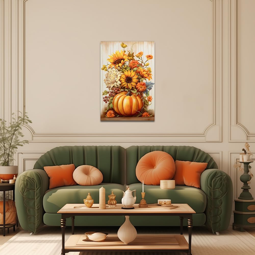 QIXIANG Lienzo decorativo de otoño para pared, diseño de calabaza y girasol, pintura del día de Acción de Gracias, lienzo de cosecha de otoño, marco