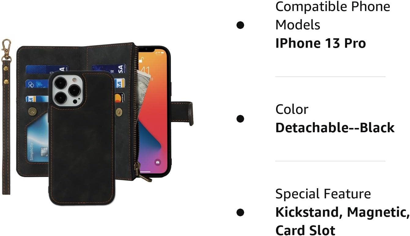 iCoverCase Funda tipo cartera para iPhone 13 Pro con tarjetero y correa para la muñeca, de piel sintética, ranuras para tarjetas, bolsillo con