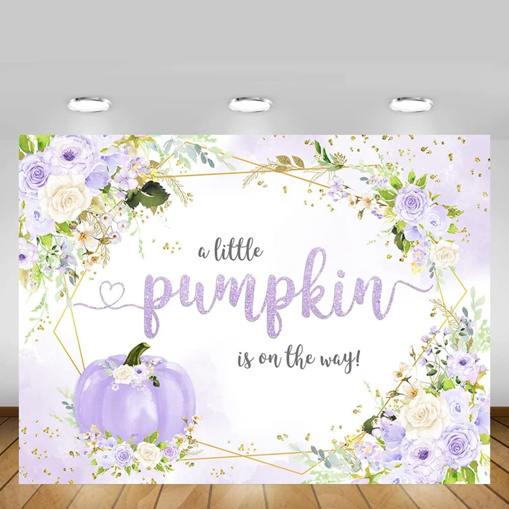 MEHOFOND Telón de fondo de calabaza de otoño de 7 x 5 pies para niña, baby shower, decoración de fiesta floral morado para bebé, niña, decoración de