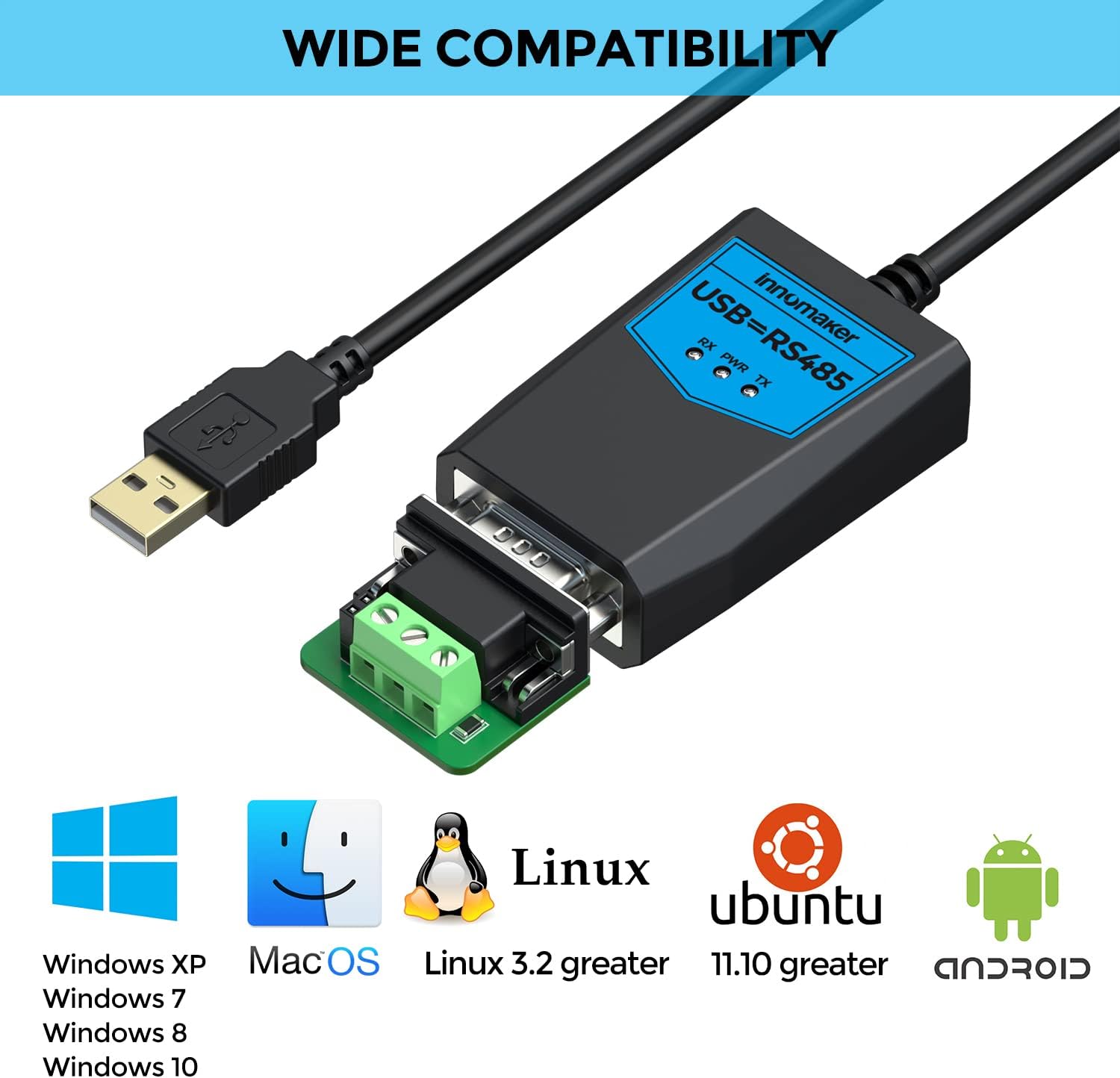 innomaker Industrial USB 2.0 a RS485 Convertidor Adaptador basado en FTDI FTDI FT230 Chip Integrado Protección ESD Soporte Windows 11,10,8 XP Mac Os