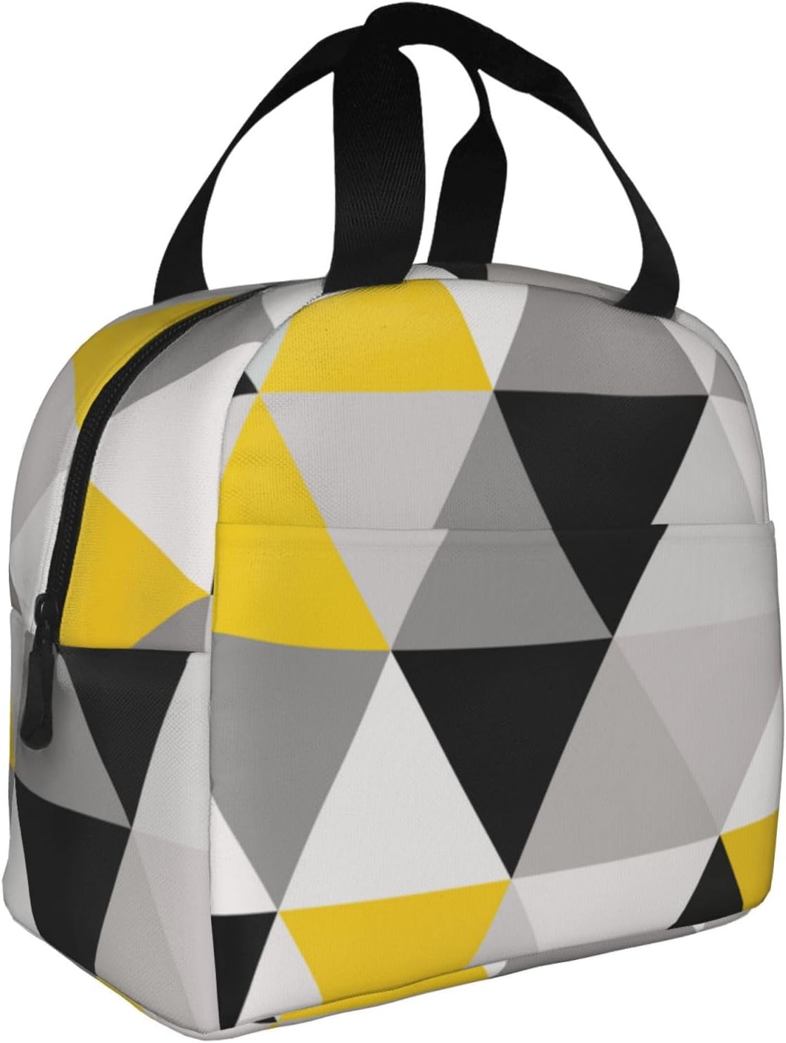 Bolsa de almuerzo reutilizable con aislamiento, triángulos geométricos blancos, amarillos y grises, caja de mano para preparación de comidas para