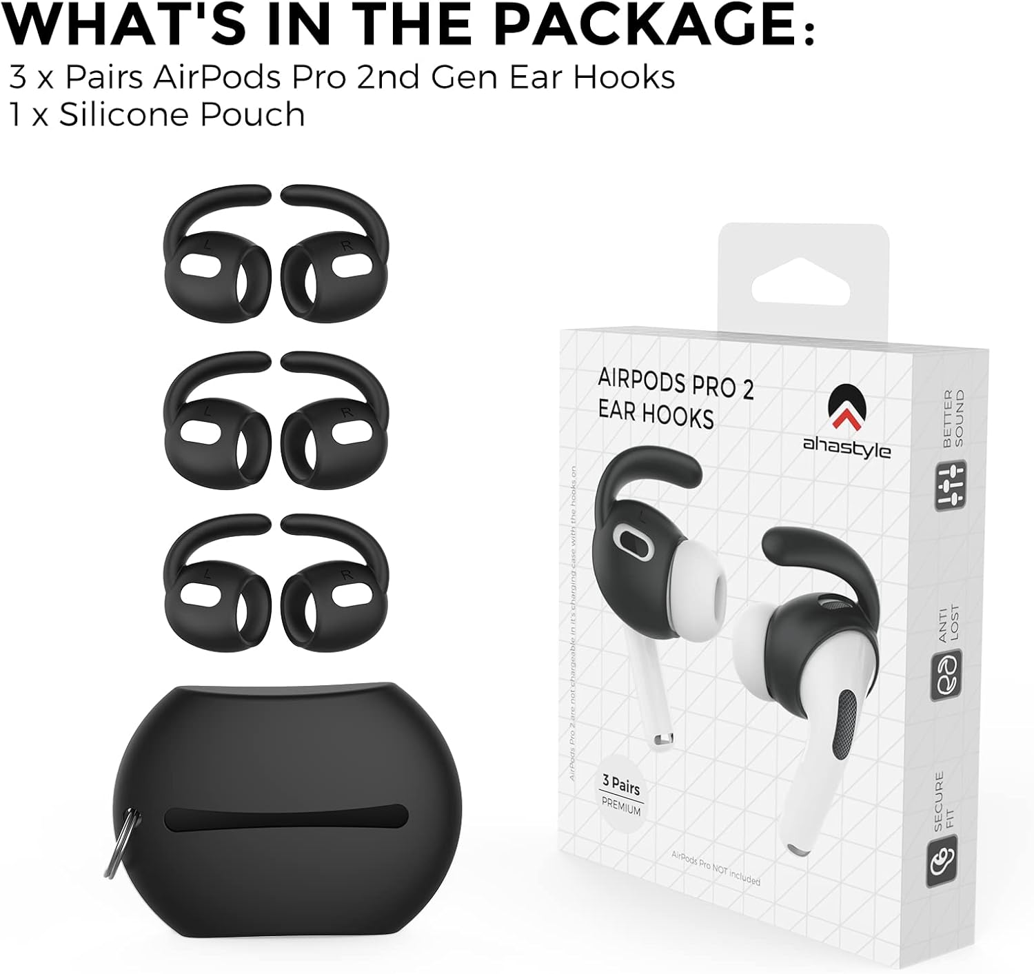 AhaStyle 3 pares de ganchos para los oídos AirPods Pro de 2 generaciónBolsa de almacenamiento añadidaFundas antideslizantes de silicona compatibles