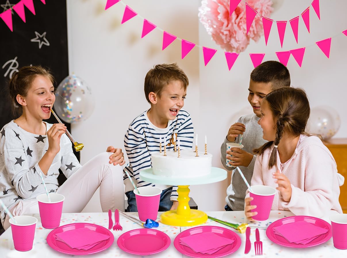 TWOWYHI 175 platos de plástico rosa intenso, suministros de fiesta para 25 invitados, color rosa intenso de 9 pulgadas, platos de plástico rosa