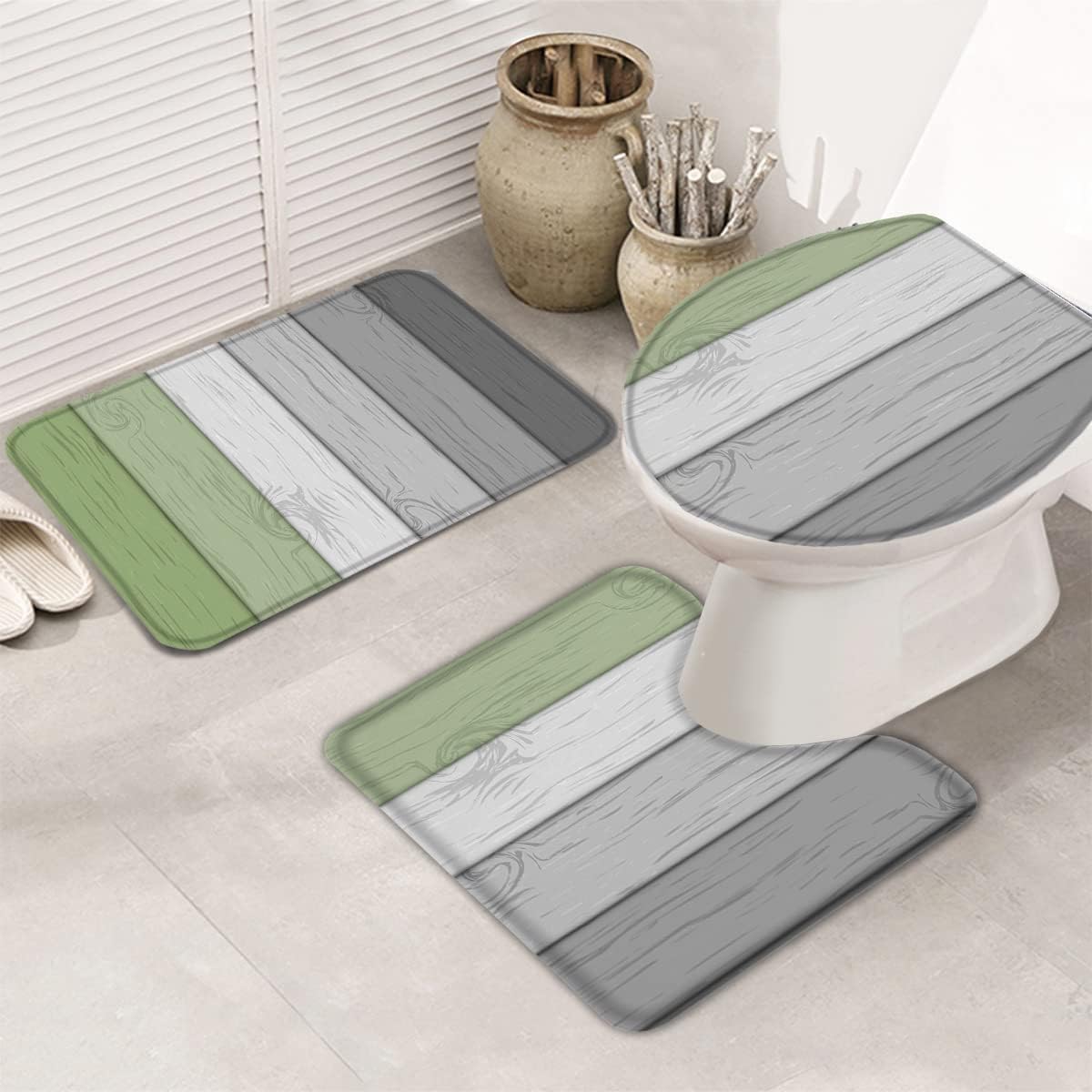 Juego de 3 alfombras de baño antideslizantes de grano de madera verde salvia con rayas grises y verdes, tapete en forma de U y tapa de inodoro,