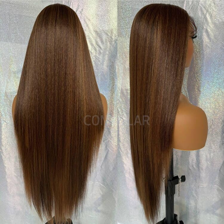 Pelucas de encaje frontal sintético lacio marrón, sin pegamento, línea de cabello natural, con reflejos marrones, pelucas de encaje sintético marrón