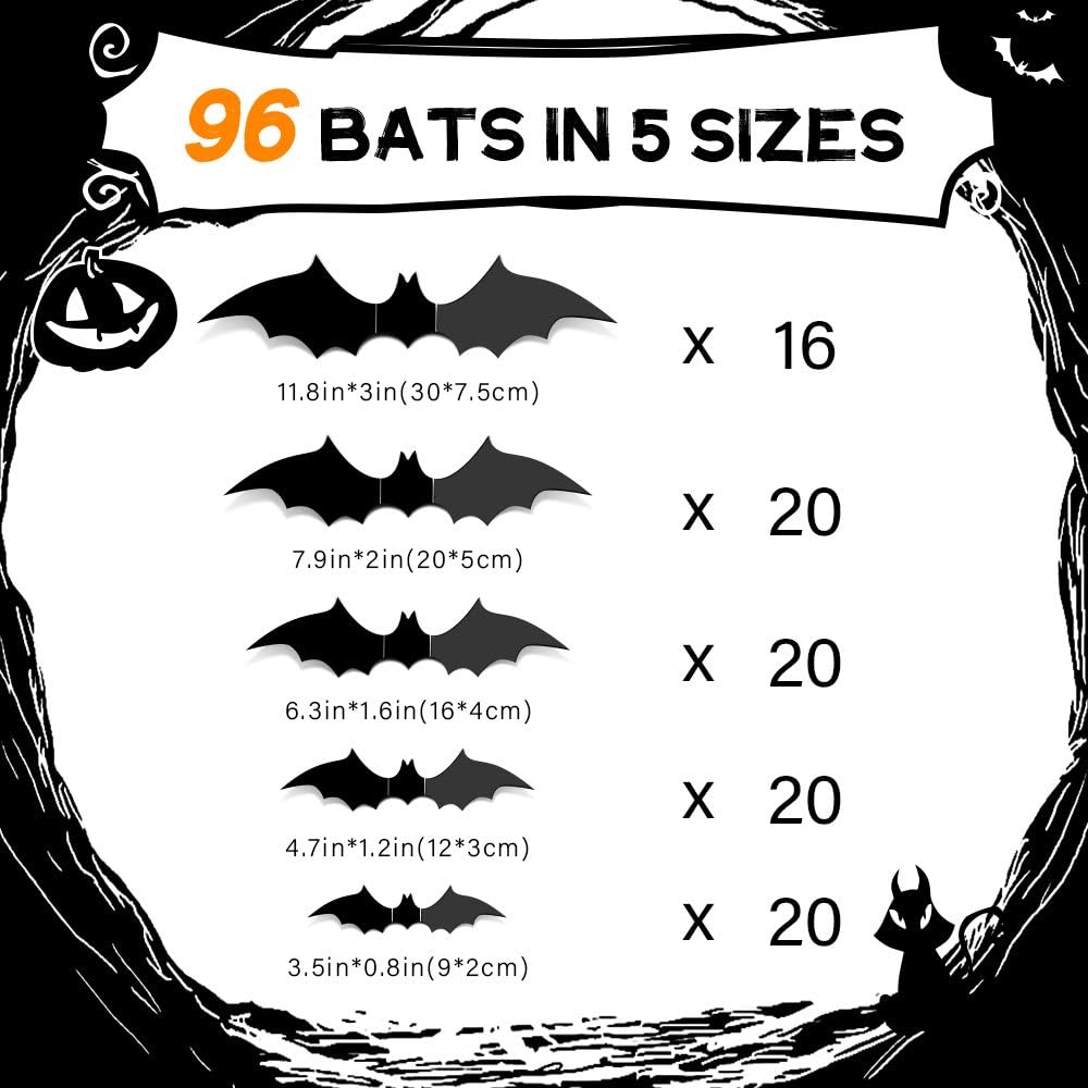 96 piezas de murciélagos 3D de Halloween 2023 actualizados, 5 tamaños diferentes para decoración de Halloween, suministros de fiesta de bricolaje,