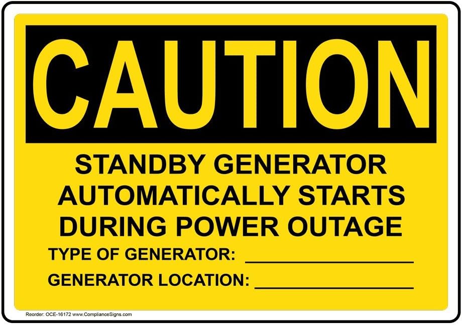 ComplianceSigns.com PRECAUCIÓN El generador de espera comienza automáticamente la etiqueta OSHA, 5 x 3.5 pulgadas, paquete de 4 vinilos para