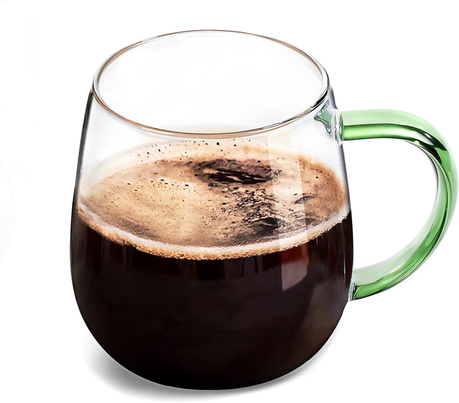 Taza de vidrio transparente con asa, mango verde16 oz, taza de vidrio de borosilicato alto para tazas de café de vidrio grandes con asa, tazas para