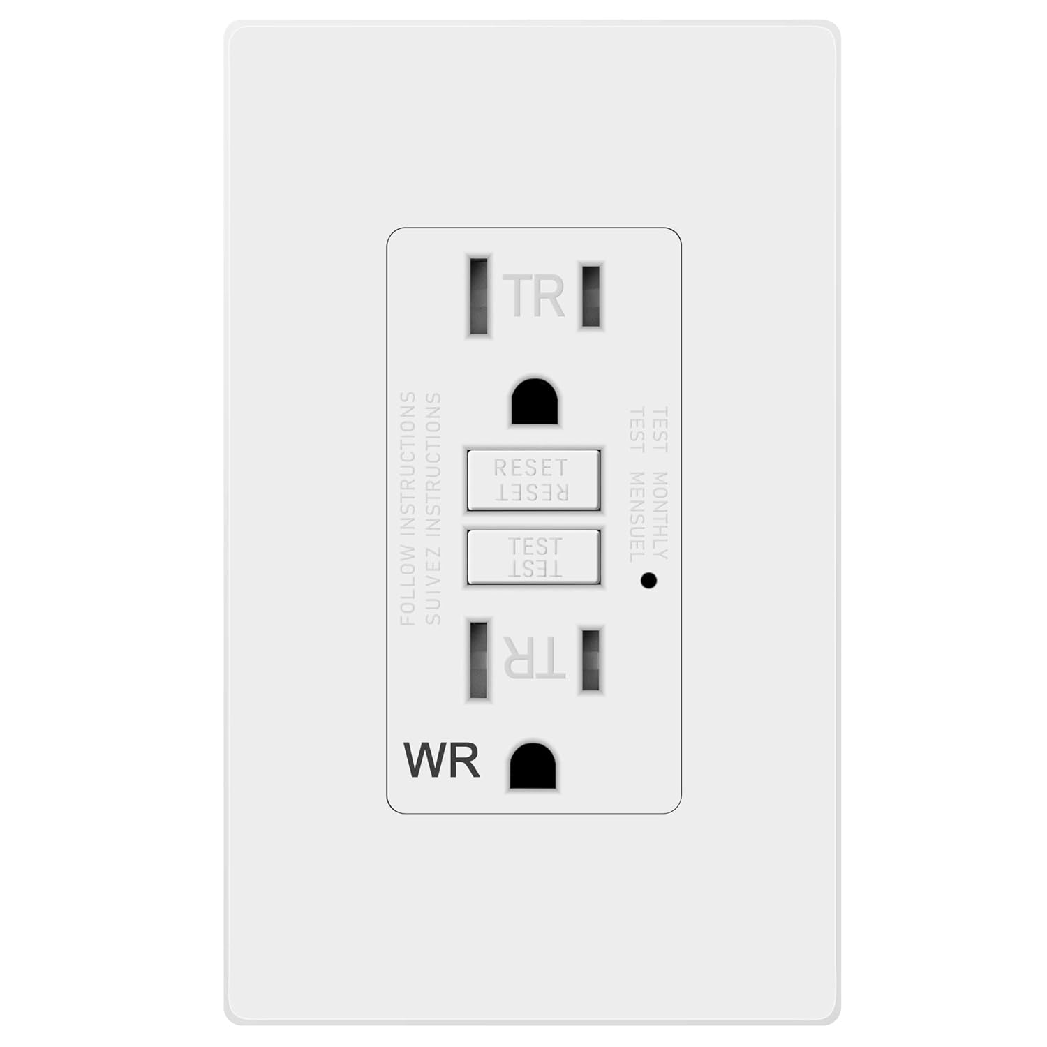 15Amp 125V de salida GFCI, resistente a la manipulación, receptáculo, indicador con luz LED, tapa de Nylon y tornillos incluidos, color blanco