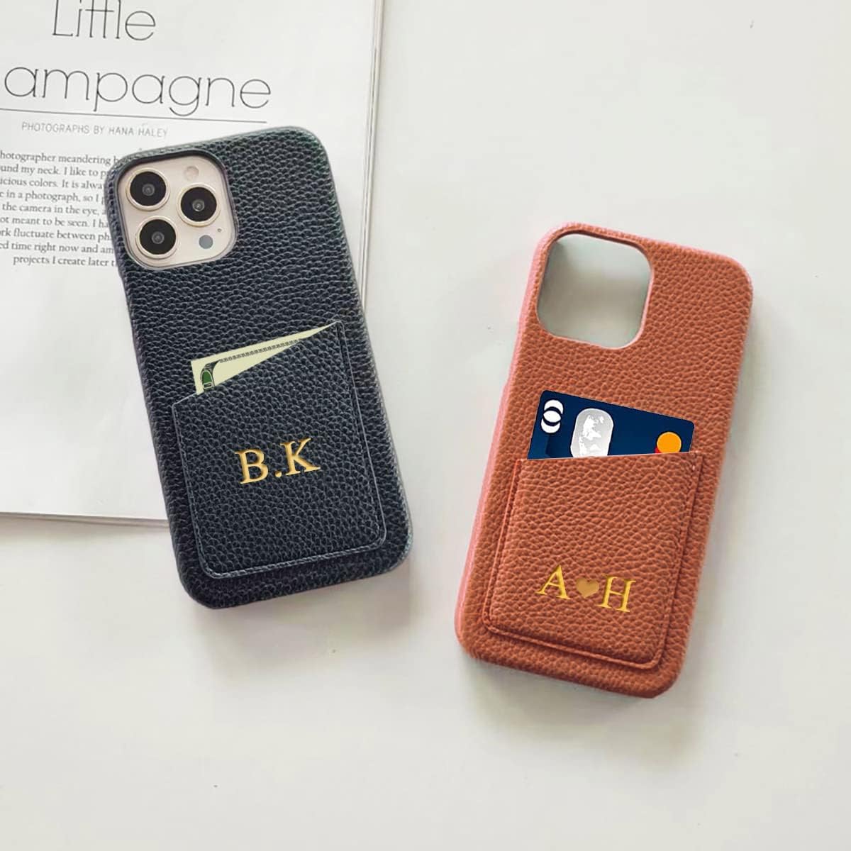 Funda de cuero vegano de lujo con iniciales personalizadas para iPhone 15 14 13 12 Pro Max 11 Mini Xr Xs X 7 8 Plus SE 2020 2022, cubierta