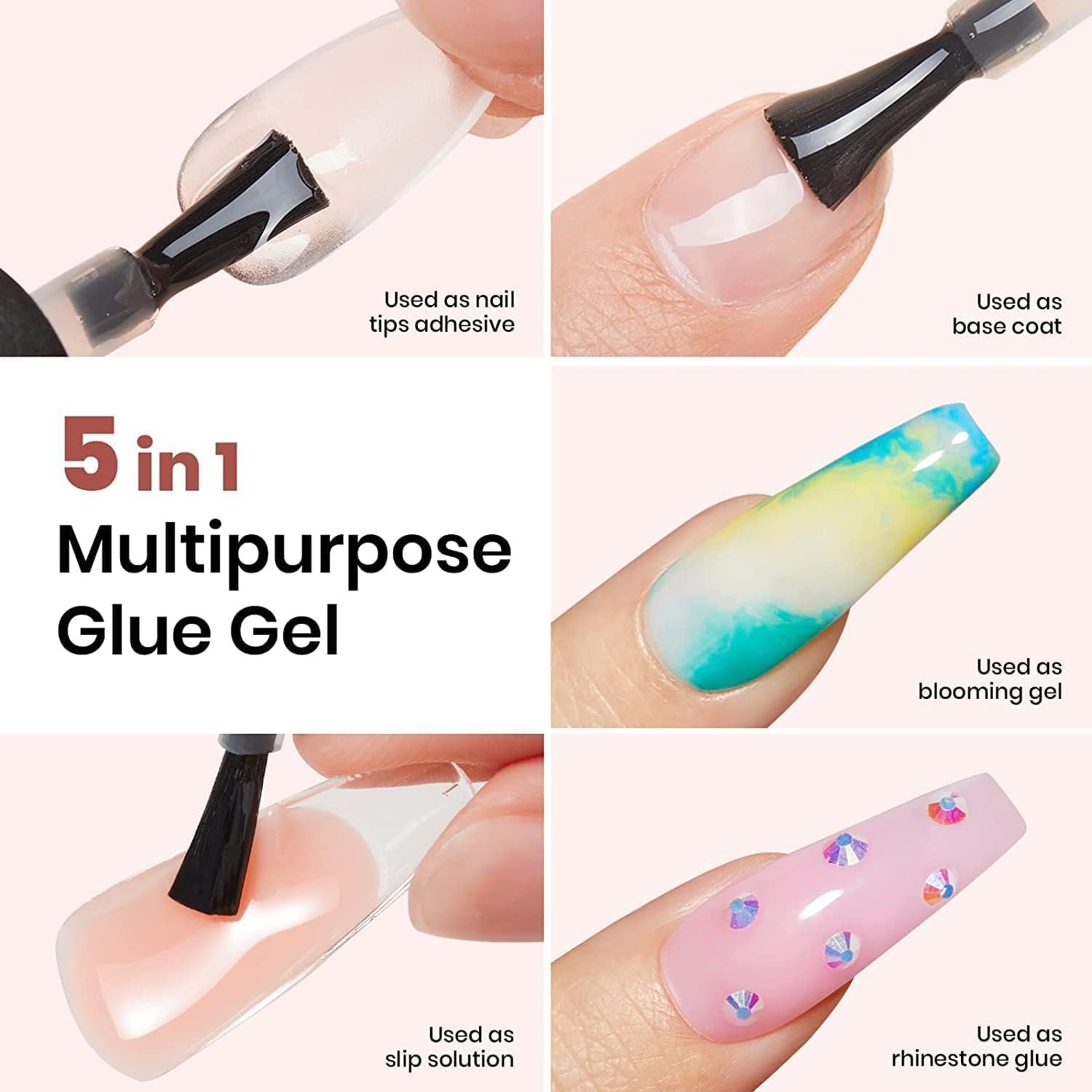 beetles Gel Polish Kit de 3 uñas de gel de 0.5 onzas líquidas, capa superior y capa base con pegamento de gel de uñas 5 en 1 con juego de uñas,