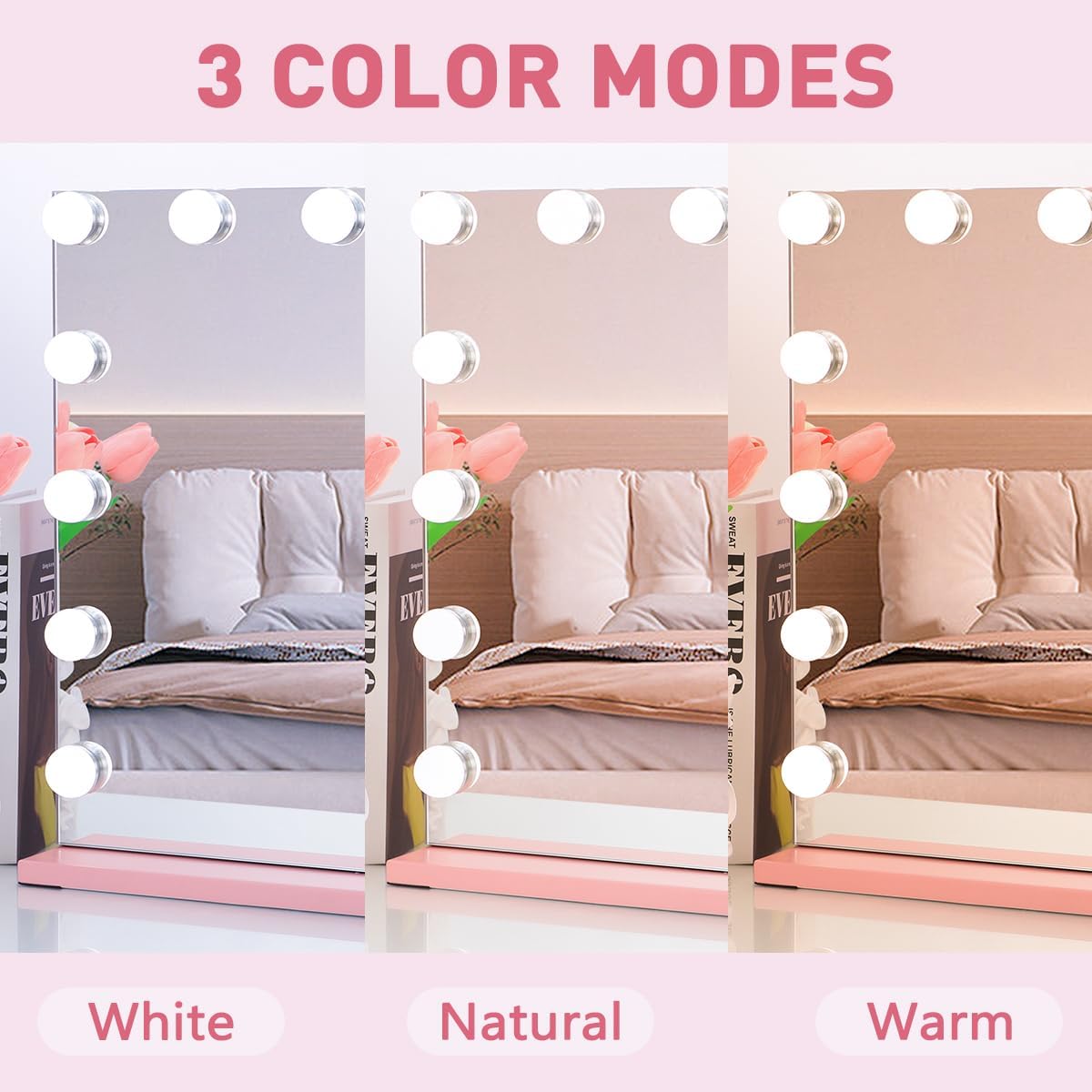 iCREAT Espejo de tocador rosa con luces, espejo de maquillaje Hollywood con 15 bombillas LED regulables para dormitorio, espejo iluminado con 3