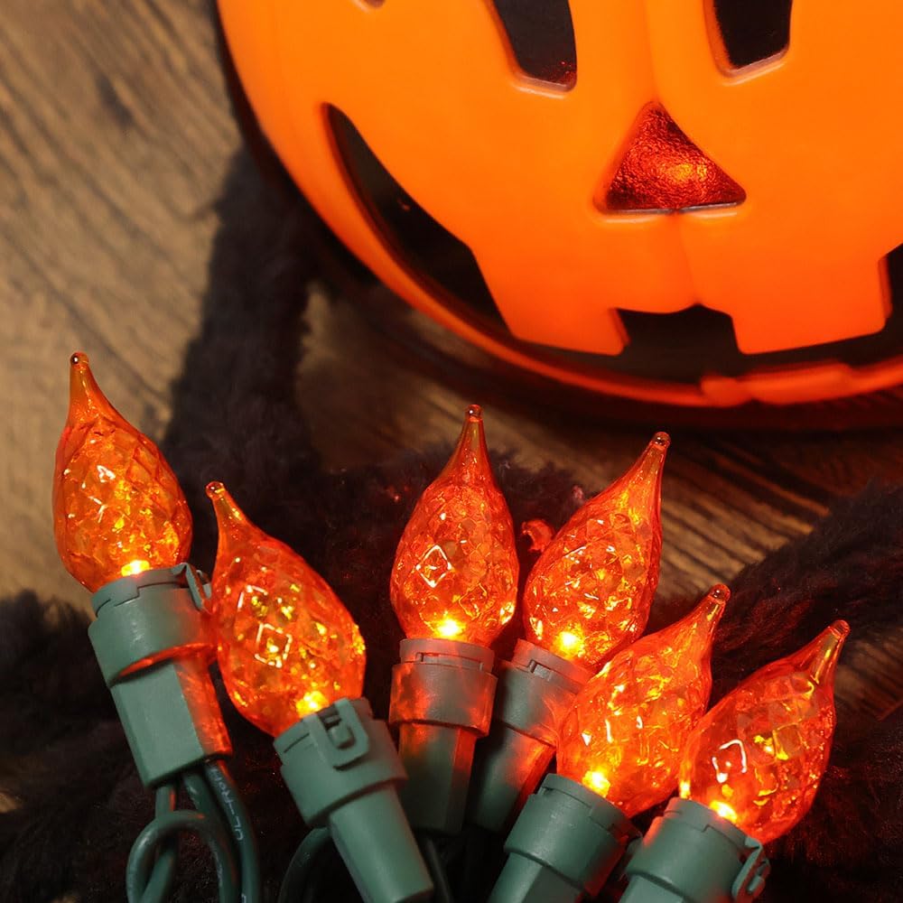Guirnalda de luces naranjas de Halloween, 70 luces LED de cristal C5 con certificación UL, luces de Navidad para uso en interiores y exteriores,