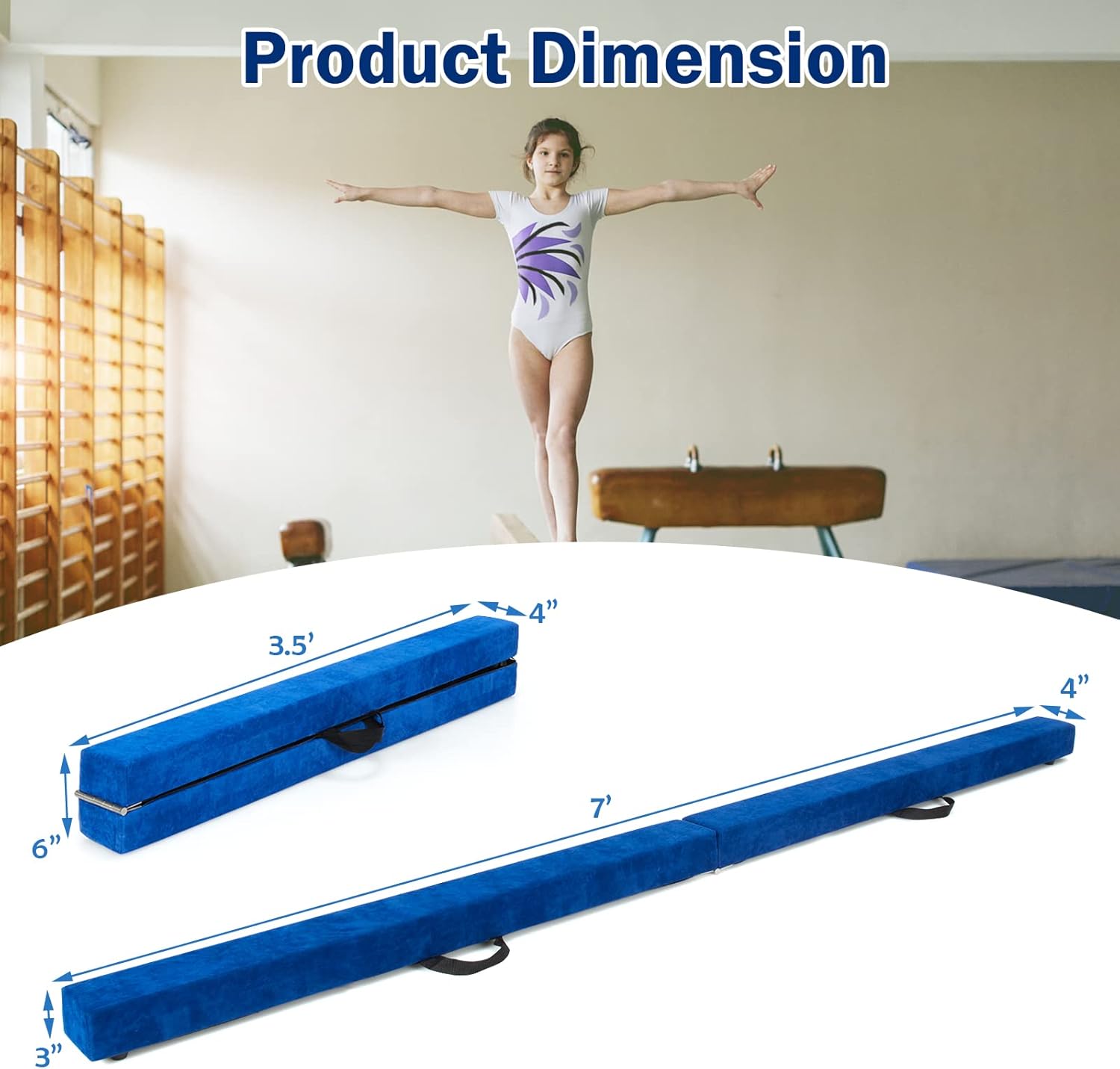 GYMAX Haz de equilibrio, viga de gimnasia plegable de 7 pies con asa de transporte, cubierta de gamuza sintética y base de madera maciza, viga de