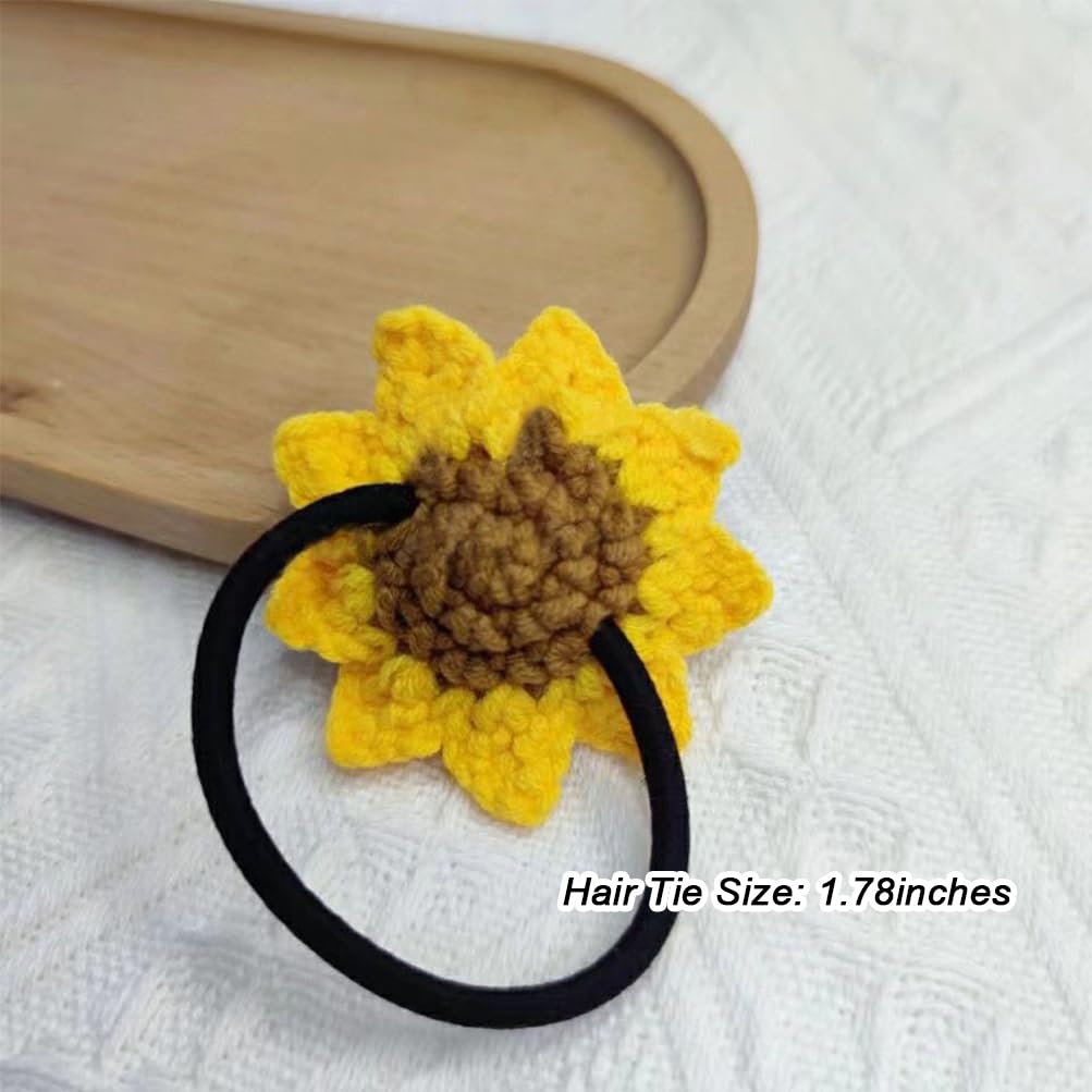 2Pcs Set Hair Ties For Girls, Handmade Cotton Sunflower Hair Rope, Tied Hair Yellow Flower Elastic Hair Bands, Lovely Ponytail Holder Hair Circl,
