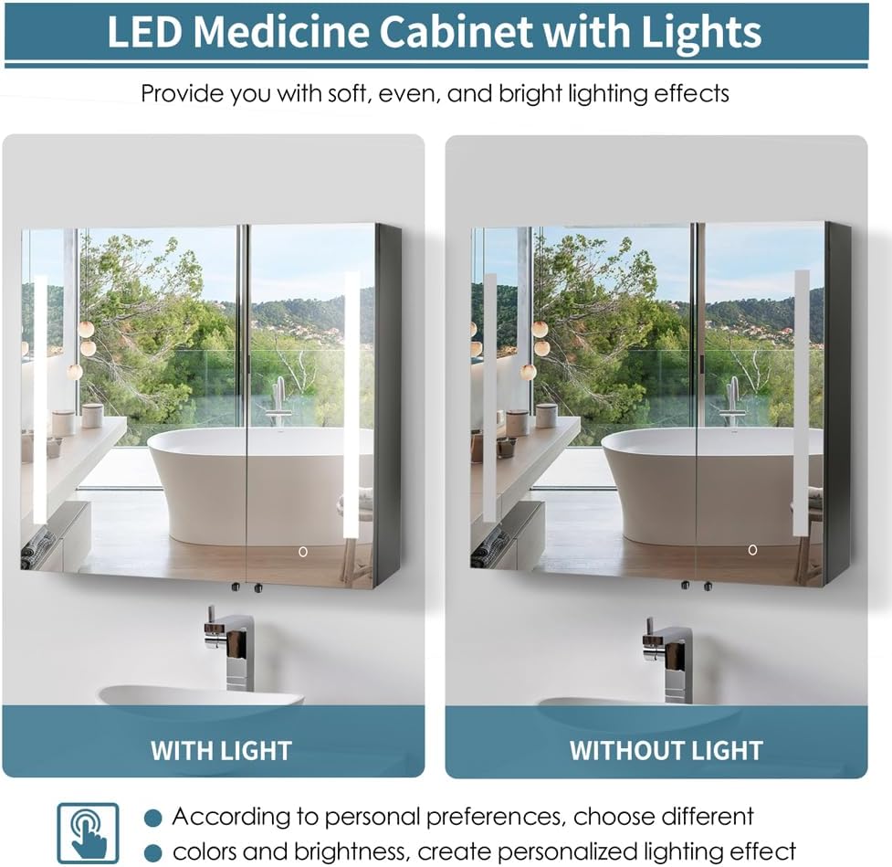 Movo Botiquín iluminado con espejo, 30 pulgadas x 26 pulgadas, espejo LED para baño con luces y almacenamiento, antivaho, regulable, cambio de