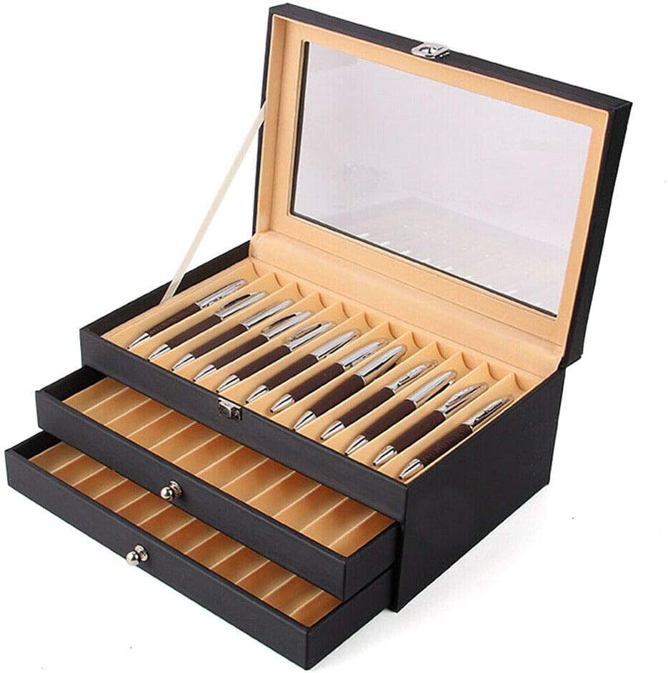 Gdrasuya10 Caja de exhibición de bolígrafos de franela de cuero, caja organizadora de bolígrafos de vidrio, caja de almacenamiento con tapa, ventana