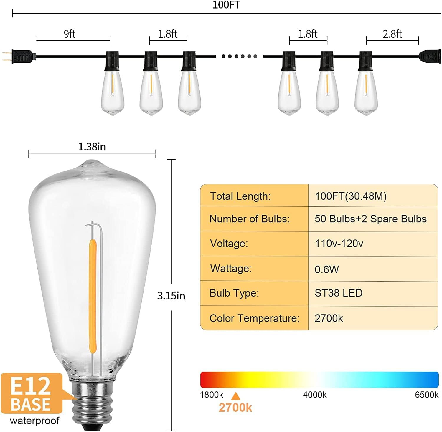 Vocevos Guirnalda de luces LED para exteriores, paquete de 2 unidades de 100 pies con 100 bombillas Edison vintage ST38 impermeables e