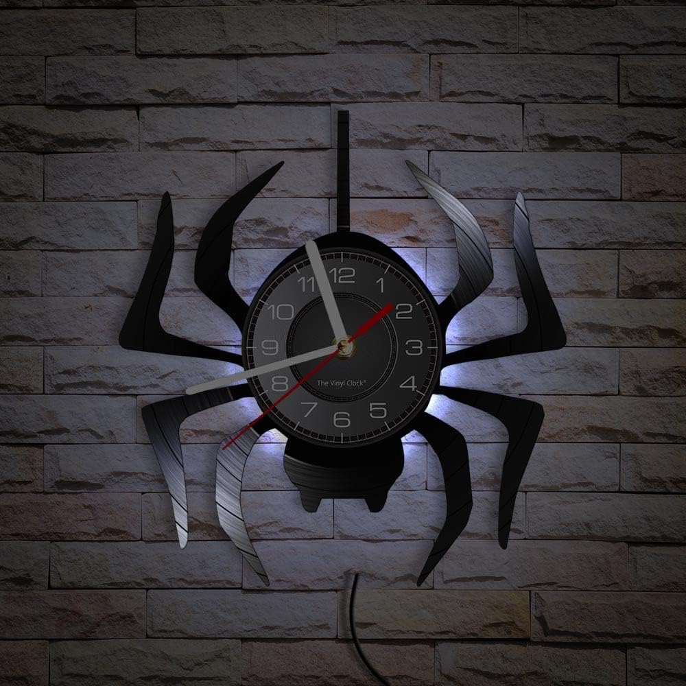 Timethink Reloj de pared LED de araña negra de 12 pulgadas con 7 colores cambiantes, tarántula silenciosa, cuarzo, sin tictac, reloj de pared,