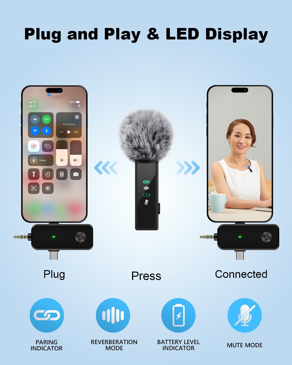 Micrófono Lavalier inalámbrico, mini micrófono inalámbrico 3 en 1 para iPhone, Android, cámara, micrófono de solapa de retardo ultra bajo de 2.4 G